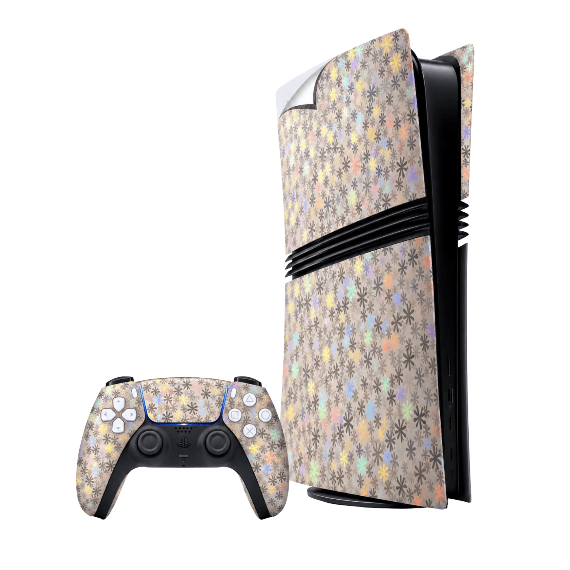 Untitled Design Silver Holographic Floral PS5 Skin Wrap - Image 1